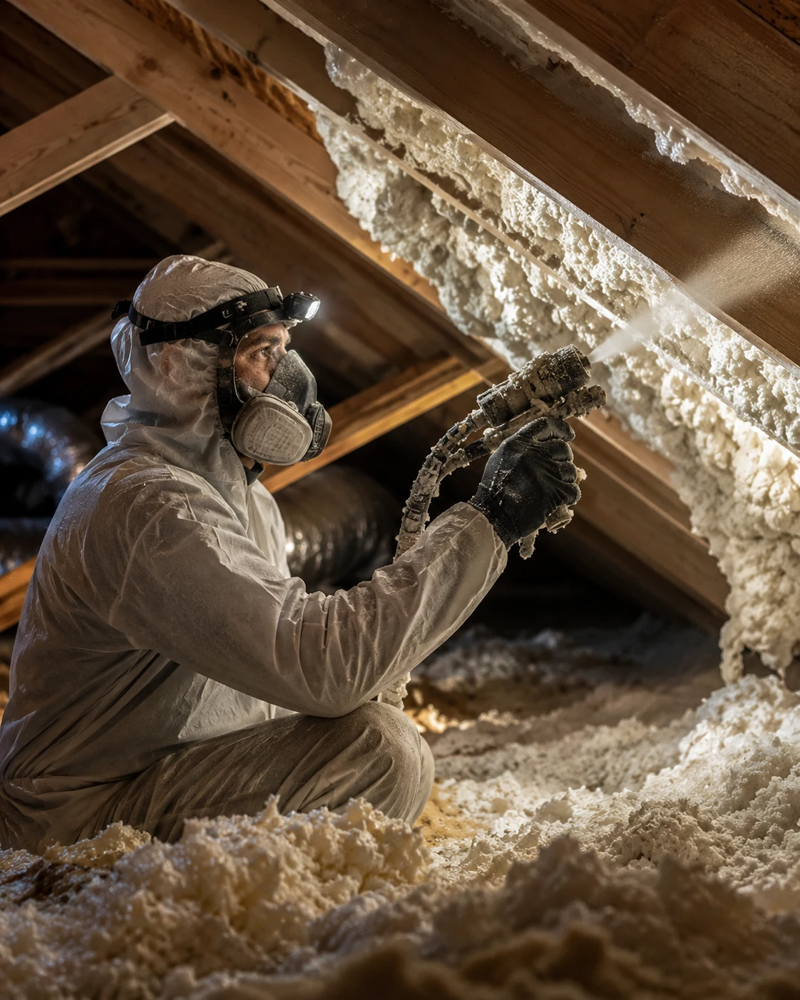 Spray foam insulation being applied in an attic